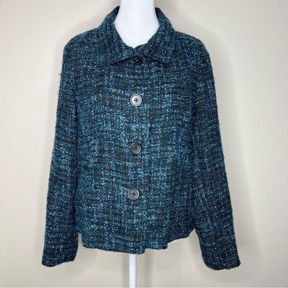 Coldwater Creek Petite Black & Blue Tweed Boucle Blazer Jacket Sz PM
